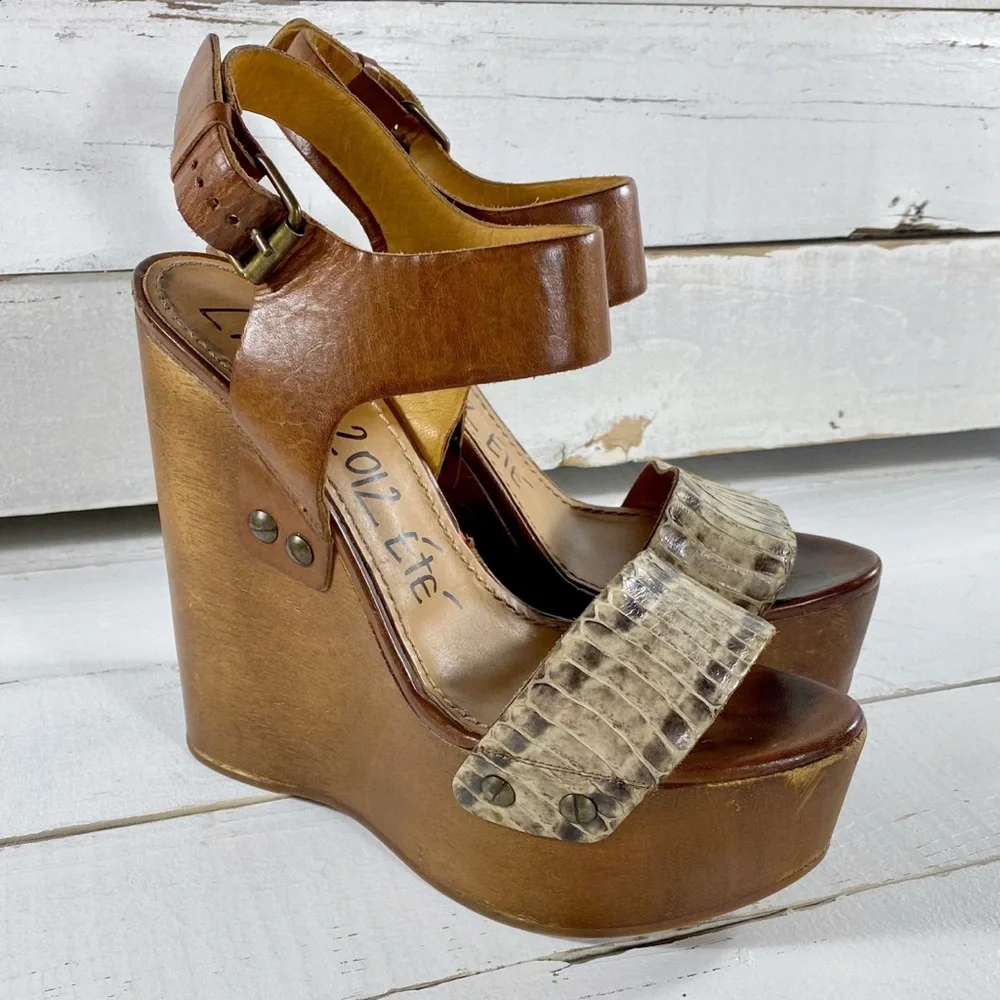 Lanvin Wooden & Snakeskin Leather Wedge Heels
